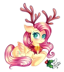 Size: 455x513 | Tagged: antlers, artist:caramelflower, bell, bell collar, bow, christmas, collar, derpibooru import, fluttershy, holly, jingle bells, reindeer antlers, safe, solo