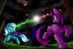 Size: 1080x720 | Tagged: safe, artist:ruffyyoshi, derpibooru import, trixie, twilight sparkle, pony, unicorn, alicorn amulet, avada kedavra, beam struggle, cape, clothes, duel, expelliarmus, featureless crotch, fight, graveyard, grin, gritted teeth, harry potter, magic, parody, plot, raised hoof, smiling, tree, unicorn twilight