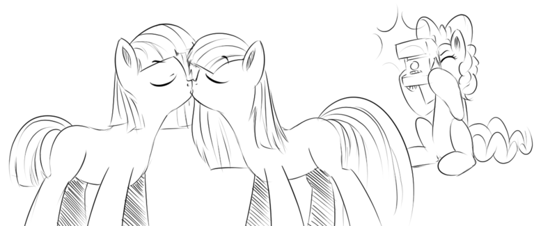 Size: 1201x488 | Tagged: artist:xioade, black and white, camera, female, grayscale, incest, kissing, lesbian, limestone pie, marble pie, marblime, monochrome, piecest, pie sisters, pinkie pie, safe, shipping
