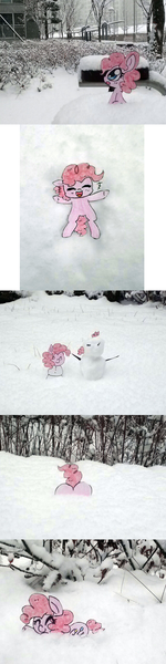 Size: 1024x4096 | Tagged: artist:danadyu, comic, derpibooru import, irl, jumped-out-pinkieanswers, paper child, photo, pinkie pie, ponies in real life, safe, snow, traditional art