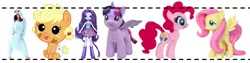 Size: 1800x457 | Tagged: safe, derpibooru import, applejack, fluttershy, pinkie pie, rainbow dash, rarity, twilight sparkle, twilight sparkle (alicorn), alicorn, human, hybrid, pony, age regression, baby, baby pony, build-a-bear, creepy, eared humanization, irl, irl human, mane six, photo, plushie, sarcasm, simple background, toy, vector, white background, young, younger