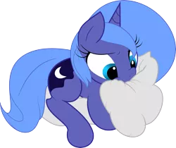 Size: 5000x4201 | Tagged: safe, artist:qcryzzy, artist:zev, derpibooru import, princess luna, pony, absurd resolution, angry, biting, cute, diabetes, female, filly, glare, lunabetes, nom, pillow, simple background, solo, transparent background, vector, woona