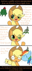 Size: 640x1400 | Tagged: safe, artist:wryte, derpibooru import, applejack, rainbow dash, appledash, blushing, comic, female, hat, holly, holly mistaken for mistletoe, kissing, lesbian, mistletoe, public service announcement, shipping