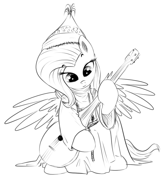 Size: 816x885 | Tagged: safe, artist:xioade, derpibooru import, fluttershy, pegasus, pony, black and white, clothes, dombra, female, grayscale, hat, islam, islamashy el fatih, kazakh, kazakhstan, lute, mare, monochrome, simple background, solo, turkic, white background