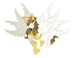 Size: 900x732 | Tagged: safe, artist:zahpkiel, derpibooru import, oc, oc:kali, unofficial characters only, alicorn, classical unicorn, pony, seraph, seraphicorn, alicorn oc, eyes closed, glowing horn, leonine tail, magic, multiple horns, multiple wings, simple background, six wings, smiling, solo, spread wings, tail ring, transparent background, tricorn
