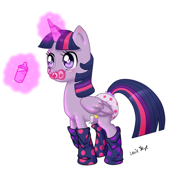 Size: 568x553 | Tagged: questionable, artist:diapered-buns, derpibooru import, twilight sparkle, twilight sparkle (alicorn), alicorn, pony, adult foal, baby bottle, clothes, cutie mark diapers, diaper, diaper fetish, female, levitation, magic, mare, pacifier, poofy diaper, socks, solo, solo female, telekinesis