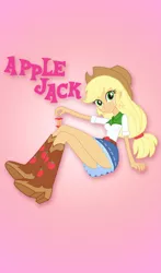 Size: 586x1000 | Tagged: suggestive, artist:irako, derpibooru import, applejack, equestria girls, apple, apple core, beautiful, beautisexy, belt, belt buckle, blue underwear, boots, breasts, clothes, cowboy boots, cowboy hat, cowgirl, crossed legs, female, green eyes, hat, legs, panties, pixiv, sexy, shoes, skirt, smiling, solo, solo female, stetson, underwear, upskirt, woman, yellow hair