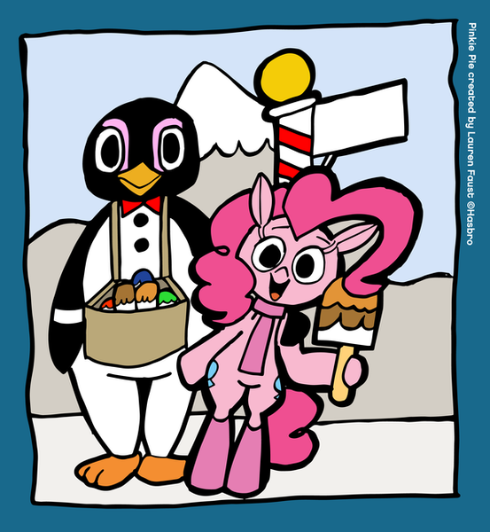 Size: 600x651 | Tagged: safe, artist:bickcomixx, derpibooru import, pinkie pie, penguin, pony, bipedal, clothes, scarf, solo