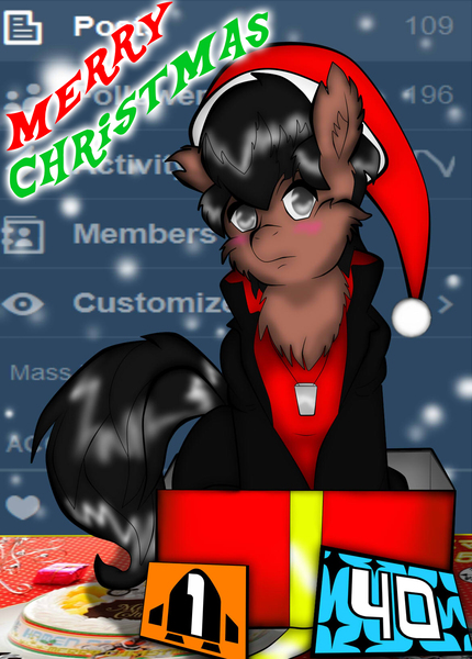 Size: 1169x1630 | Tagged: safe, artist:fourze-pony, derpibooru import, ponified, pony, blushing, box, christmas, cute, dog tags, fluffy, fourze, fourze-pony, fourze-stallion, frown, hat, kamen rider, kamen rider fourze, kisaragi gentaro, looking at you, male, pony in a box, present, santa hat, sitting, solo, stallion, tumblr, tumblr comic