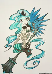 Size: 707x1000 | Tagged: safe, artist:foxinshadow, derpibooru import, princess luna, human, horned humanization, humanized, light skin, mace, solo, tailed humanization, traditional art, warrior luna, weapon, winged humanization