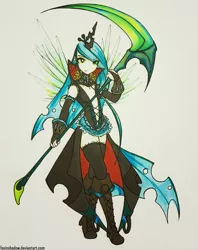 Size: 793x1000 | Tagged: artist:foxinshadow, derpibooru import, horned humanization, human, humanized, light skin, queen chrysalis, safe, scythe, solo, traditional art, weapon, winged humanization