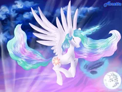 Size: 1000x750 | Tagged: safe, artist:anna-krylova, derpibooru import, princess celestia, crying, feather, magic, moon, solo