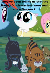 Size: 587x861 | Tagged: safe, derpibooru import, edit, edited screencap, screencap, fluttershy, mitsy, rainbow dash, big cat, cat, lynx, panther, pony, tiger, daring don't, may the best pet win, adorable face, ahuizotl's cats, animal, bow, cropped, cute, female, hair bow, mare, realization