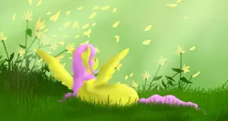 Size: 1214x644 | Tagged: artist:saintssister47, back, derpibooru import, flower, fluttershy, grass, safe, solo, spread wings