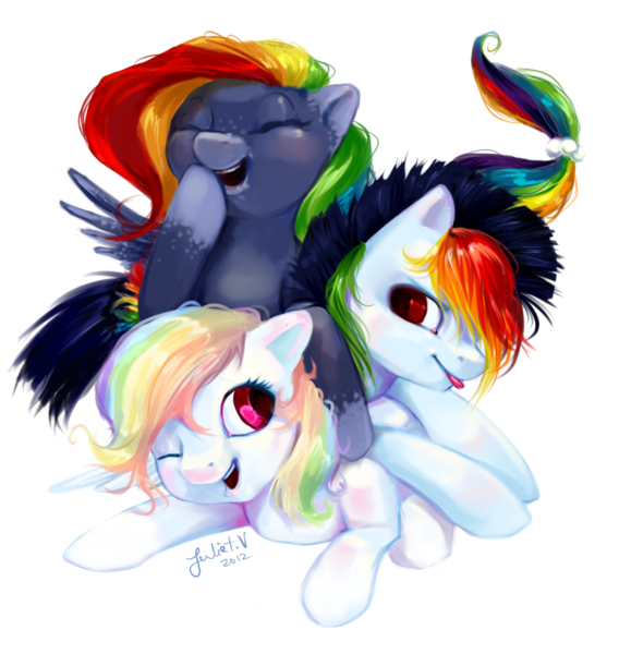 Size: 1026x1083 | Tagged: safe, artist:enigmatia, derpibooru import, oc, oc:cloud puff, oc:sunrise brisk, oc:white whirl, unofficial characters only, pegasus, pony, commission, eyes closed, offspring, parent:rainbow dash, parent:soarin', parents:soarindash, siblings, tongue out, wink