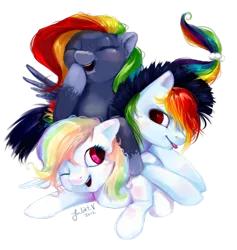 Size: 1026x1083 | Tagged: safe, artist:enigmatia, derpibooru import, oc, oc:cloud puff, oc:sunrise brisk, oc:white whirl, unofficial characters only, pegasus, pony, commission, eyes closed, offspring, parent:rainbow dash, parent:soarin', parents:soarindash, siblings, tongue out, wink