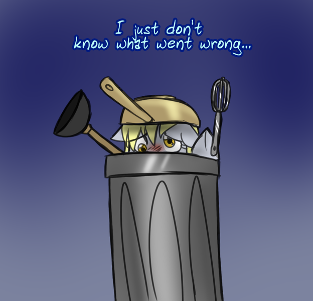 Size: 780x750 | Tagged: safe, artist:jitterbugjive, derpibooru import, derpy hooves, pegasus, pony, blushing, dalek, doctor who, female, floppy ears, frying pan, hoof hold, mare, plunger, solo, trash can, whisk