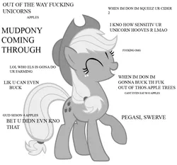 Size: 960x895 | Tagged: safe, derpibooru import, applejack, earth pony, pony, apple, black and white, cowboy hat, cute, extreme, extreme advertising, eyes closed, female, fuck, fuk, glorious master race, grammar error, grayscale, grin, hardcore, hat, jackabetes, mare, meme, misspelling, monochrome, mud pony, omg, out of character, peasant coming through, racism, raised hoof, simple background, smiling, solo, squee, swerve, vulgar, white background
