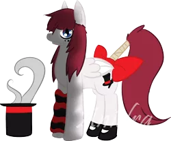 Size: 1128x936 | Tagged: safe, artist:anidra, derpibooru import, oc, unofficial characters only, pegasus, pony, bandage, clothes, commission, hat, illusion, leg warmers, shoes, solo, tail bow, top hat