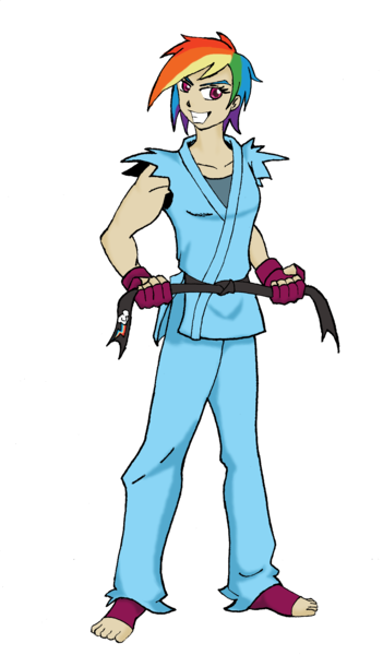 Size: 2008x3431 | Tagged: artist:blackemperor, artist:theblackemperor, barefoot, black belt, clothes, feet, fingerless gloves, gi, gloves, grin, human, humanized, karate, light skin, martial arts, rainbow dash, ripped sleeves, robe, safe, simple background, smirk, solo, torn clothes, transparent background, trousers