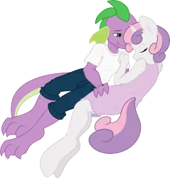 Size: 5860x6125 | Tagged: safe, artist:ambris, artist:gray-gold, derpibooru import, spike, sweetie belle, anthro, unguligrade anthro, absurd resolution, clothes, cuddling, dress, female, male, shipping, simple background, snuggling, spikebelle, straight, transparent background, vector