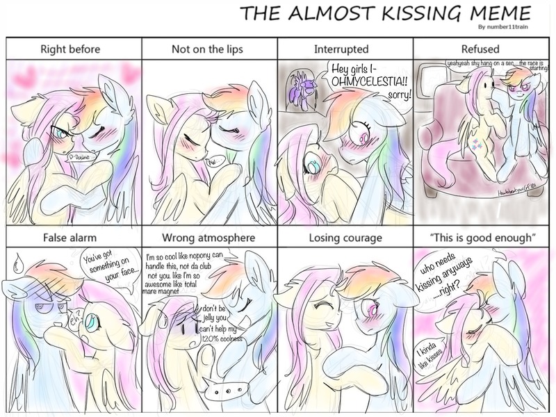 Size: 1280x960 | Tagged: safe, artist:estheticart, derpibooru import, fluttershy, rainbow dash, twilight sparkle, twilight sparkle (alicorn), alicorn, pony, blushing, dialogue, female, flutterdash, kiss meme, kissing, kissing meme, lesbian, shipping