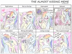 Size: 1280x960 | Tagged: safe, artist:estheticart, derpibooru import, fluttershy, rainbow dash, twilight sparkle, twilight sparkle (alicorn), alicorn, pony, blushing, dialogue, female, flutterdash, kiss meme, kissing, kissing meme, lesbian, shipping