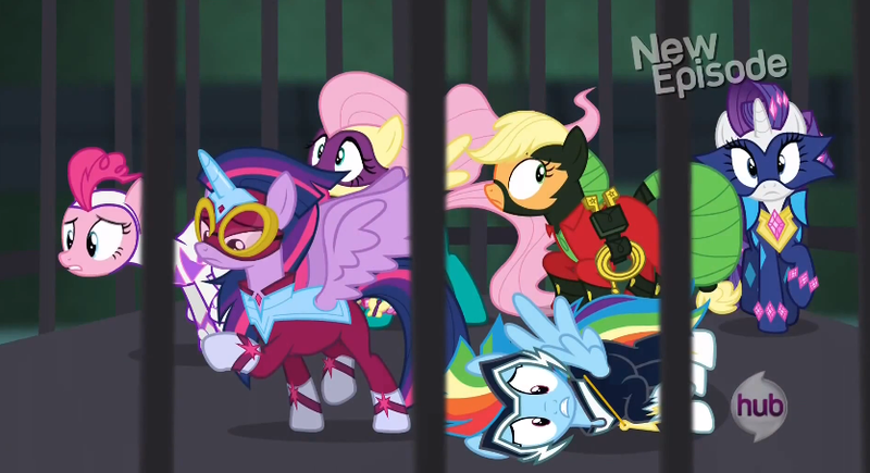 Size: 834x453 | Tagged: safe, derpibooru import, applejack, fili-second, fluttershy, masked matter-horn, mistress marevelous, pinkie pie, radiance, rainbow dash, rarity, saddle rager, twilight sparkle, twilight sparkle (alicorn), zapp, alicorn, pony, power ponies (episode), cage, female, frozen, hairspray ray of doom, mare, power ponies, stuck