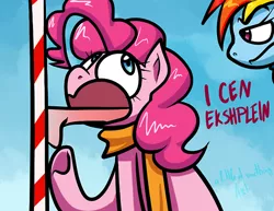 Size: 500x385 | Tagged: dead source, safe, artist:alittleofsomething, derpibooru import, pinkie pie, rainbow dash, 30 minute art challenge, i can explain, lisp, stuck, tongue out, tongue stuck to pole
