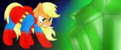 Size: 2650x1104 | Tagged: alternate version, app-el, applejack, artist:blackbewhite2k7, commission, crossover, derpibooru import, kryptonite, parody, safe, superhero, superman, supermare