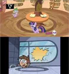 Size: 642x691 | Tagged: safe, derpibooru import, screencap, spike, twilight sparkle, pony, unicorn, it's about time, comparison, disney channel, female, hub logo, mare, meme, needs more jpeg, nickelodeon, pacing a trench, tara strong, the fairly oddparents, timmy turner, tv rating, tv y, unicorn twilight, voice actor joke