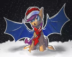 Size: 2299x1820 | Tagged: safe, artist:darkflame75, derpibooru import, scootaloo, bat pony, pony, bat ponified, clothes, hat, race swap, santa hat, scarf, scootabat, snow, snowfall, solo, student of the night