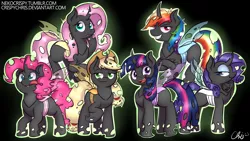 Size: 1920x1080 | Tagged: safe, artist:nekocrispy, derpibooru import, applejack, fluttershy, pinkie pie, rainbow dash, rarity, twilight sparkle, changeling, fanfic:changelings of harmony, fanfic:six queens, applejack's hat, blue changeling, changeling mane six, changeling six, changelingified, cowboy hat, dashling, female, flutterling, hat, mane six, orange changeling, pink changeling, purple changeling, species swap, stetson, tongue out, white changeling, yellow changeling