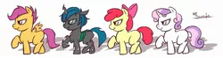 Size: 2392x627 | Tagged: safe, artist:mr-samson, derpibooru import, apple bloom, scootaloo, sweetie belle, oc, oc:amora, changeling, earth pony, hybrid, nymph, pegasus, pony, unicorn, cutie mark crusaders, female, filly, interspecies offspring, offspring, parent:queen chrysalis, parent:shining armor, parents:shining chrysalis, quadrupedal