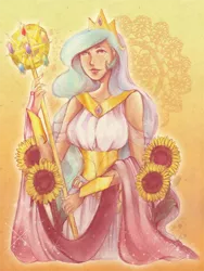 Size: 400x532 | Tagged: artist:miumiuchuu, clothes, derpibooru import, dress, elements of harmony, human, humanized, light skin, princess celestia, safe, shawl, smiling, solo, staff, sunflower