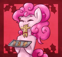 Size: 1147x1050 | Tagged: artist:lizzyoli-ravioli, derpibooru import, gingerbread man, nom, pinkie pie, safe, solo