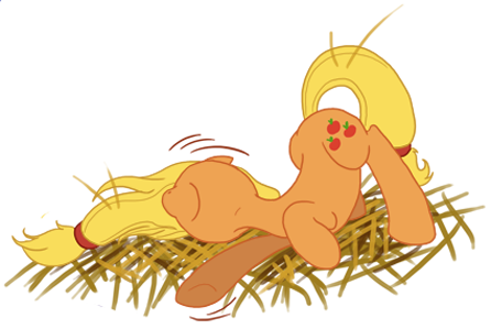 Size: 446x299 | Tagged: artist needed, safe, derpibooru import, applejack, pony, cute, hatless, hay, horses doing horse things, jackabetes, missing accessory, rolling, silly, silly pony, smiling, solo, who's a silly pony