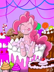 Size: 850x1138 | Tagged: safe, artist:chocolatechilla, derpibooru import, pinkie pie, earth pony, pony, :p, cake, candy cane, cherry, cupcake, cute, eating, eyes closed, frosting, leaning, licking lips, lollipop, messy, messy eating, muffin, pop out cake, smiling, solo, streamers, tongue out