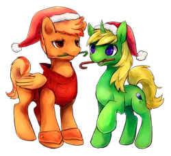 Size: 500x455 | Tagged: safe, artist:crystal-chima, derpibooru import, oc, unofficial characters only, pegasus, pony, unicorn, candy, candy cane, christmas, clothes, curved horn, duo, female, food, hat, holiday, horn, jacket, male, mare, mouth hold, raised hoof, santa hat, simple background, smiling, stallion, standing, transparent background, unamused