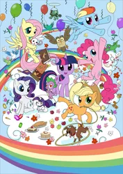 Size: 1053x1488 | Tagged: safe, artist:pennygu, derpibooru import, angel bunny, applejack, fluttershy, gummy, opalescence, owlowiscious, pinkie pie, rainbow dash, rarity, spike, tank, twilight sparkle, winona, bird, earth pony, pegasus, pony, unicorn, apple, balloon, book, cake, candy, candy cane, cloud, flower, food, lasso, mane seven, mane six, pie, pixiv, rainbow, rope