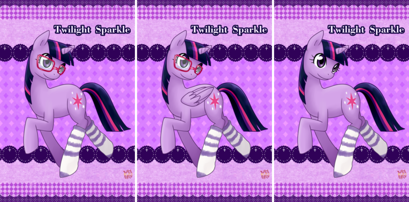 Size: 1940x960 | Tagged: safe, artist:norang94, derpibooru import, twilight sparkle, twilight sparkle (alicorn), alicorn, pony, adorkable, clothes, cute, dork, female, glasses, mare, smiling, socks, striped socks