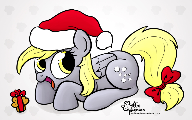 Size: 2134x1336 | Tagged: safe, artist:muffinexplosion, derpibooru import, derpy hooves, pegasus, pony, female, hat, mare, muffin, santa hat, solo, tail bow, underp