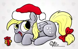 Size: 2134x1336 | Tagged: safe, artist:muffinexplosion, derpibooru import, derpy hooves, pegasus, pony, female, hat, mare, muffin, santa hat, solo, tail bow, underp