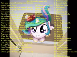 Size: 960x720 | Tagged: safe, derpibooru import, apple bloom, applejack, fluttershy, pinkie pie, princess cadance, princess celestia, princess luna, rainbow dash, rarity, scootaloo, shining armor, spike, sunshower raindrops, sweetie belle, twilight sparkle, alicorn, pony, birthday game, cute, cutelestia, exploitable meme, filly, irl, meme, photo, ponies in real life, sitting, solo, text