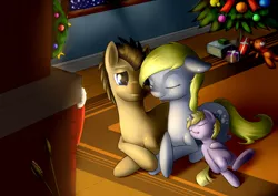 Size: 2500x1771 | Tagged: safe, artist:renatethepony, derpibooru import, derpy hooves, dinky hooves, doctor whooves, time turner, pegasus, pony, christmas, christmas tree, cute, derpabetes, dinkabetes, doctorbetes, doctorderpy, equestria's best mother, family, female, male, mare, shipping, sleeping, straight, tree