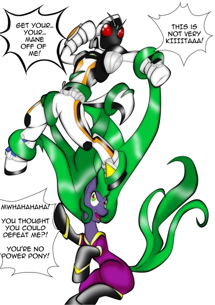 Size: 1240x1754 | Tagged: antagonist, artist:fourze-pony, bondage, crossover, derpibooru import, dialogue, fourze, fourze-pony, fourze-stallion, hero, kamen rider, kamen rider fourze, mane, mane-iac, ponified, safe