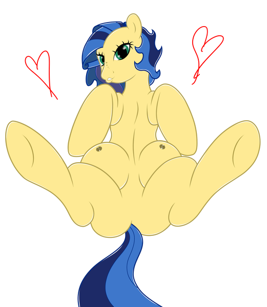 Size: 2085x2401 | Tagged: questionable, artist:sct-trigger1221, derpibooru import, oc, oc:milky way, unofficial characters only, pony, crotchboobs, featureless crotch, female, heart, impossibly large crotchboobs, looking at you, mare, nipples, nudity, on back, simple background, solo, solo female, spread legs