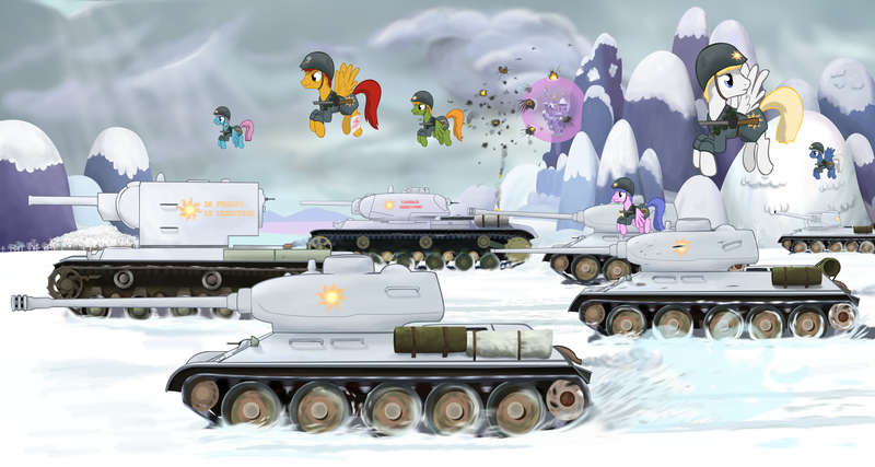 Size: 3000x1600 | Tagged: safe, artist:mrscroup, derpibooru import, pegasus, pony, canterlot, clothes, gun, kv-1, kv-2, mountain, russian, snow, solar empire, t-34, t-34/85, tank (vehicle), war