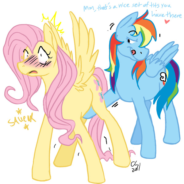 Size: 1200x1200 | Tagged: questionable, artist:cartoonlion, artist:gcrebel, derpibooru import, fluttershy, rainbow dash, bad touch, bedroom eyes, blushing, colored, female, grope, implied crotchboobs, lesbian, licking lips, molestation, open mouth, shivering, smiling, spread wings, standing, tongue out, wingboner