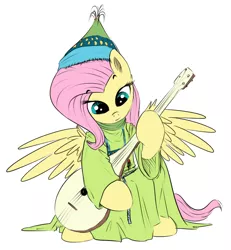 Size: 816x885 | Tagged: safe, artist:xioade, derpibooru import, fluttershy, pegasus, pony, dombra, female, hat, islam, islamashy el fatih, kazakh, kazakhstan, lute, mare, simple background, solo, turkic, white background